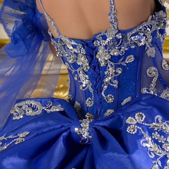 New Royal Blue & Silver Off Shoulder Quinceanera Gown w/ Lace Up Back GL3813 - Picture 12 of 15